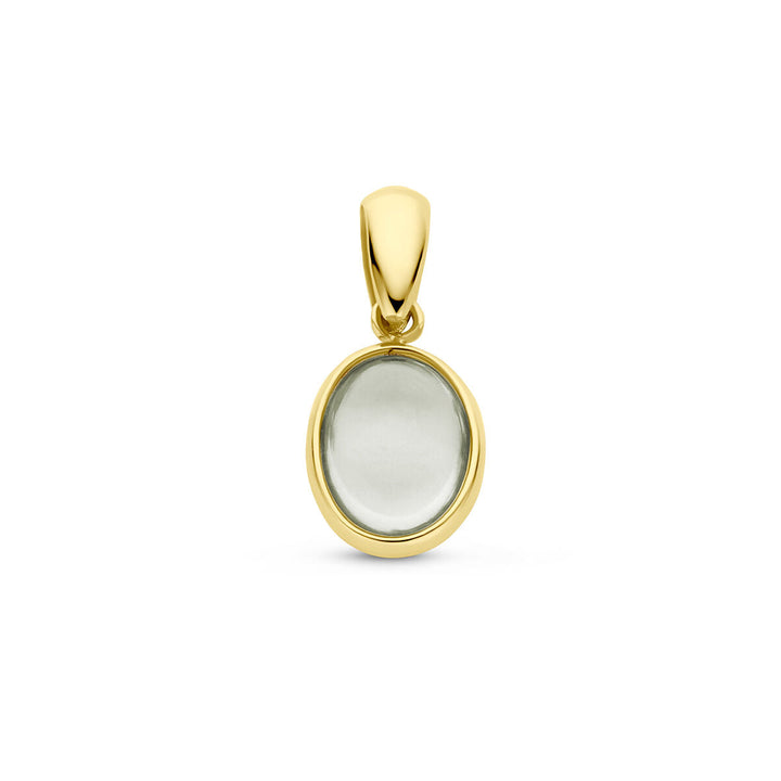 De Van der Kooij Collectie hanger groen amethist 14K geelgoud is een dames sieraad met een ovaal transparante edelsteen in een eenvoudige gouden zetting, afgebeeld op een witte achtergrond.