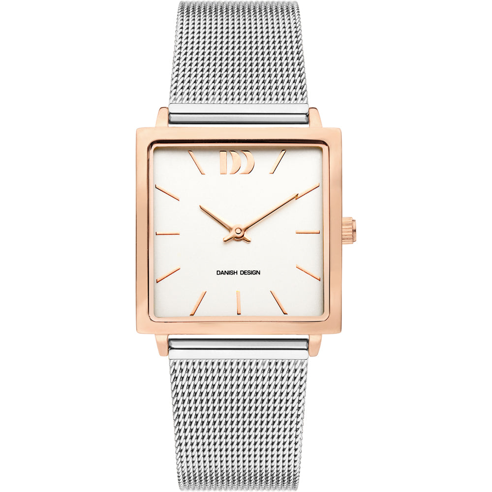Montre carrée avec boîtier rose doré, cadran blanc et bracelet en acier inoxydable maillé.
