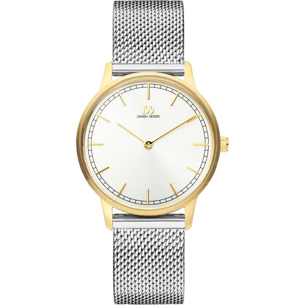 Montre avec boîtier doré, cadran blanc et bracelet en maille argentée.