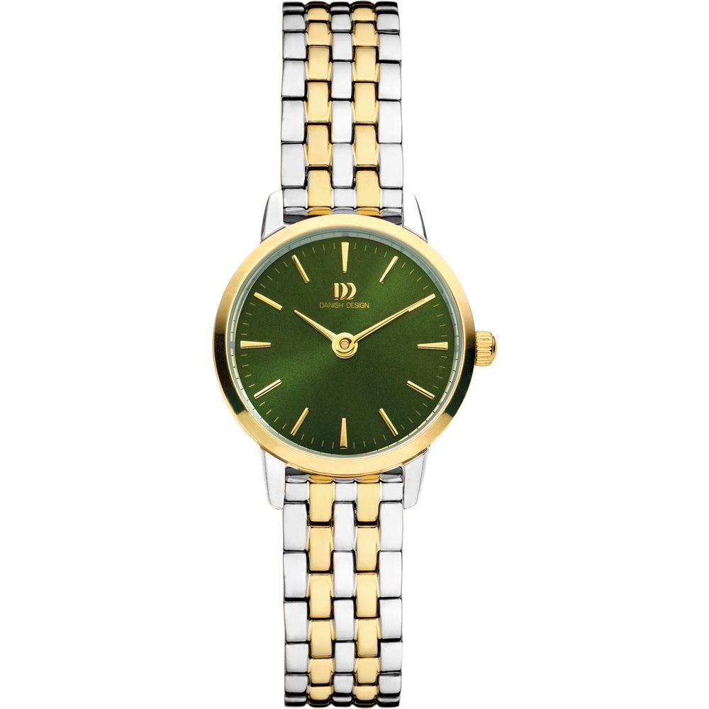 Montre pour femme avec un cadran vert, boîtier doré et bracelet en acier inoxydable argenté et doré.