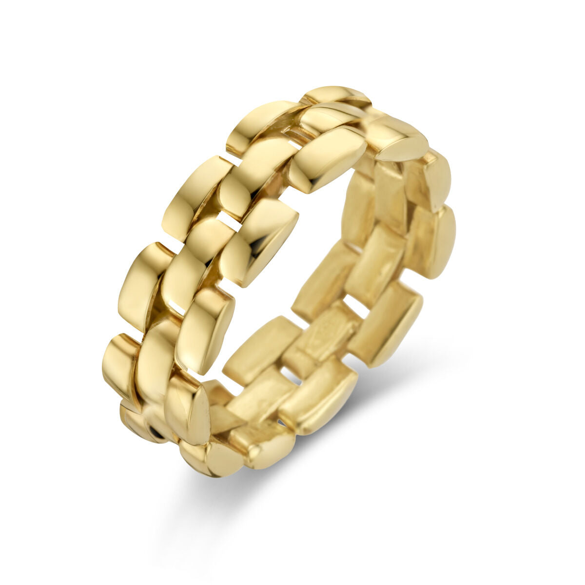 Bague en or jaune 14K avec maillons flexibles et design moderne.