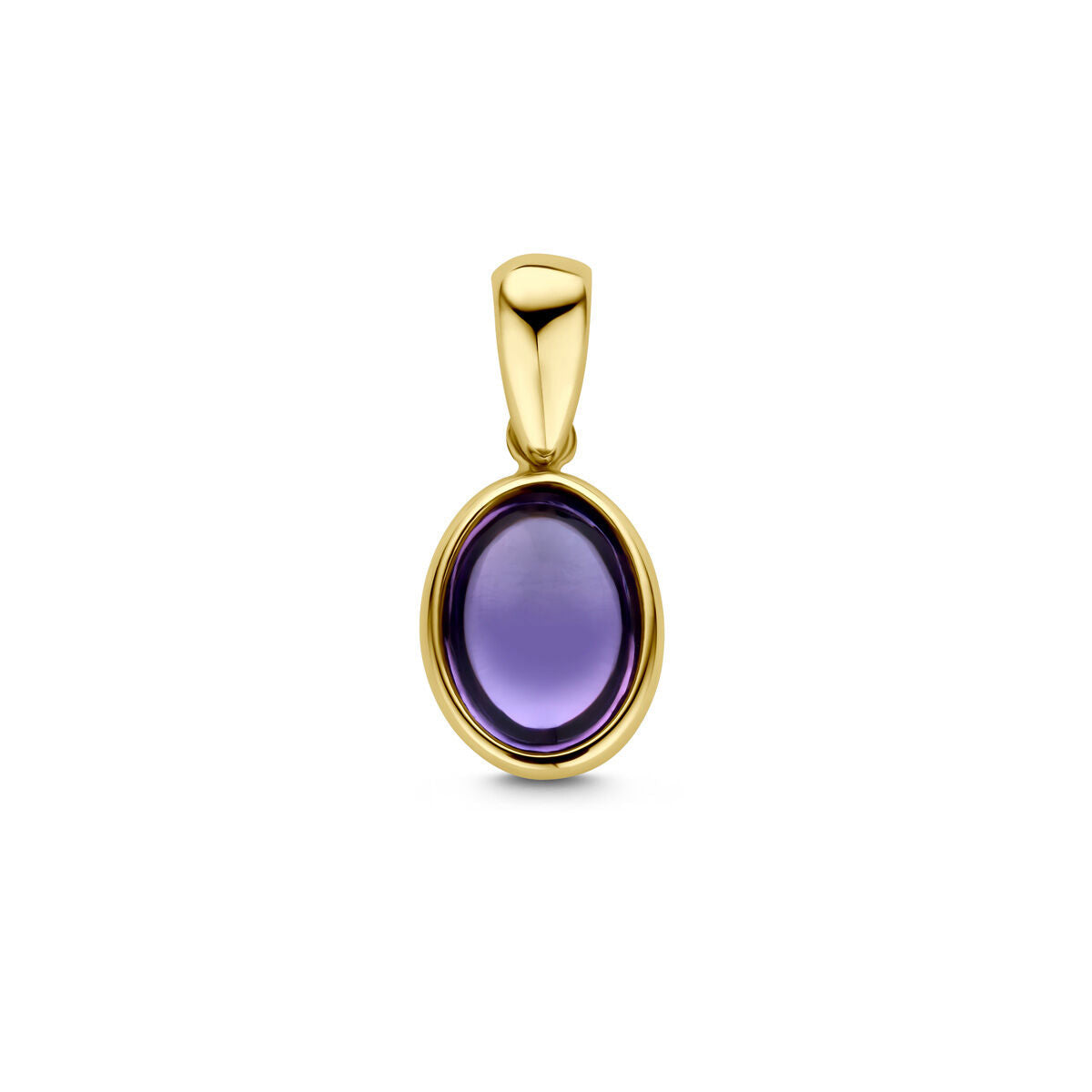pendentif en améthyste en or jaune 14K, forme ovale avec une monture lisse.