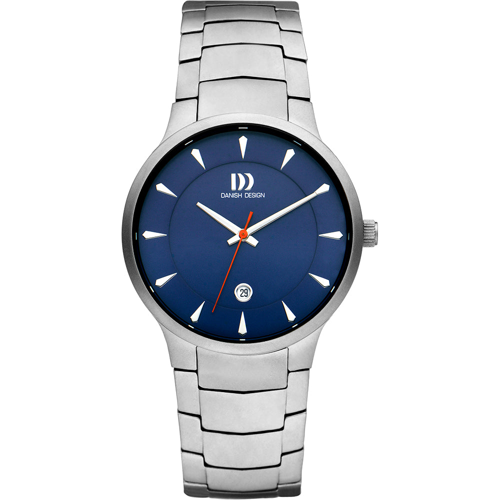 Montre en acier inoxydable avec un cadran bleu et des aiguilles blanches.