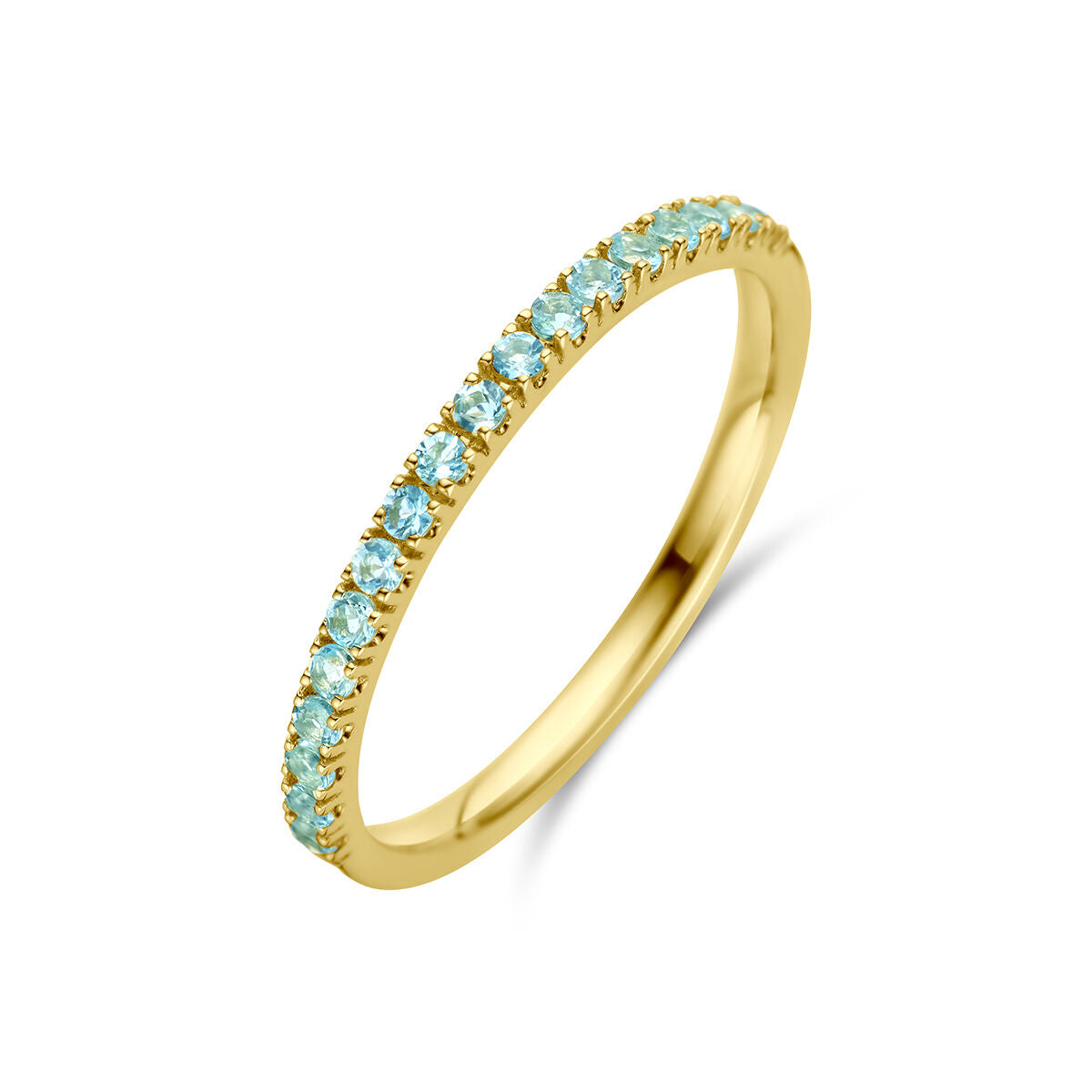 Bague en or jaune 14K ornée de pierres de naissance aquamarine.