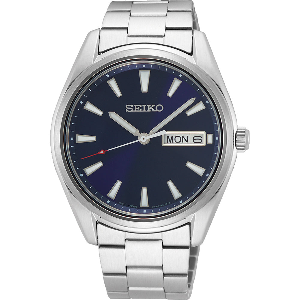 Montre pour homme Seiko avec boîtier en acier inoxydable, cadran bleu et bracelet en acier.