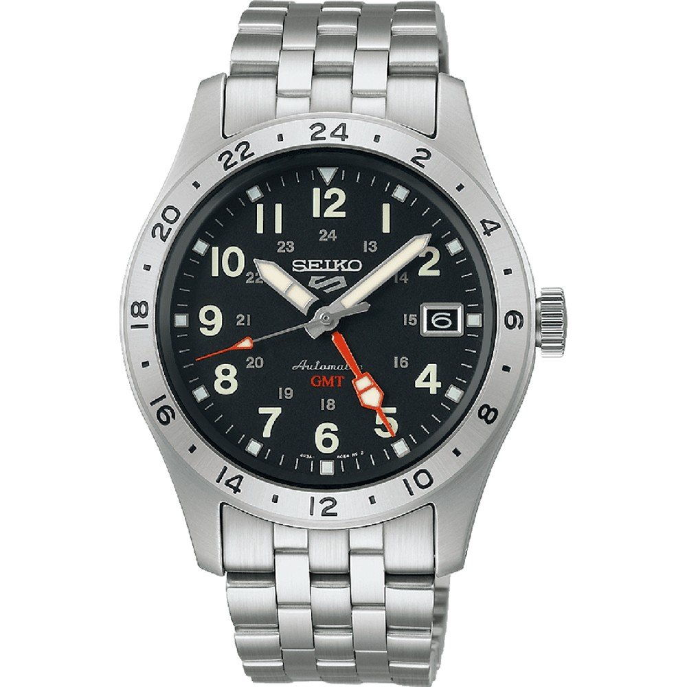 De Seiko 5 Sports heren horloge SSK023K1 is een zilveren roestvrijstalen horloge met een zwarte wijzerplaat, met witte cijfers, lichtgevende wijzers, een automatisch uurwerk, een rode 24-uurs GMT-wijzer en een datumvenster op 3 uur. Het heeft een 24-uurs bezel en een waterbestendig gelinkt armbandontwerp.