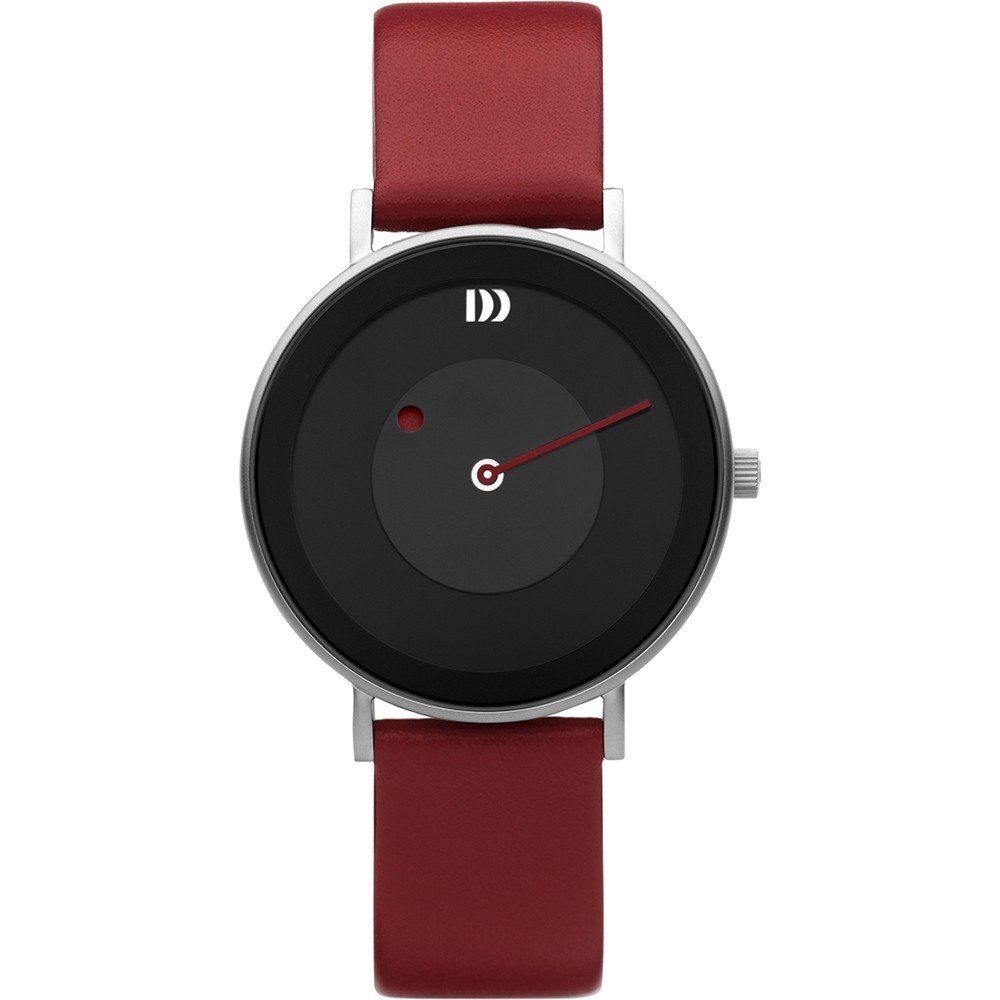 Montre avec cadran noir, boîtier argenté et bracelet en cuir rouge.