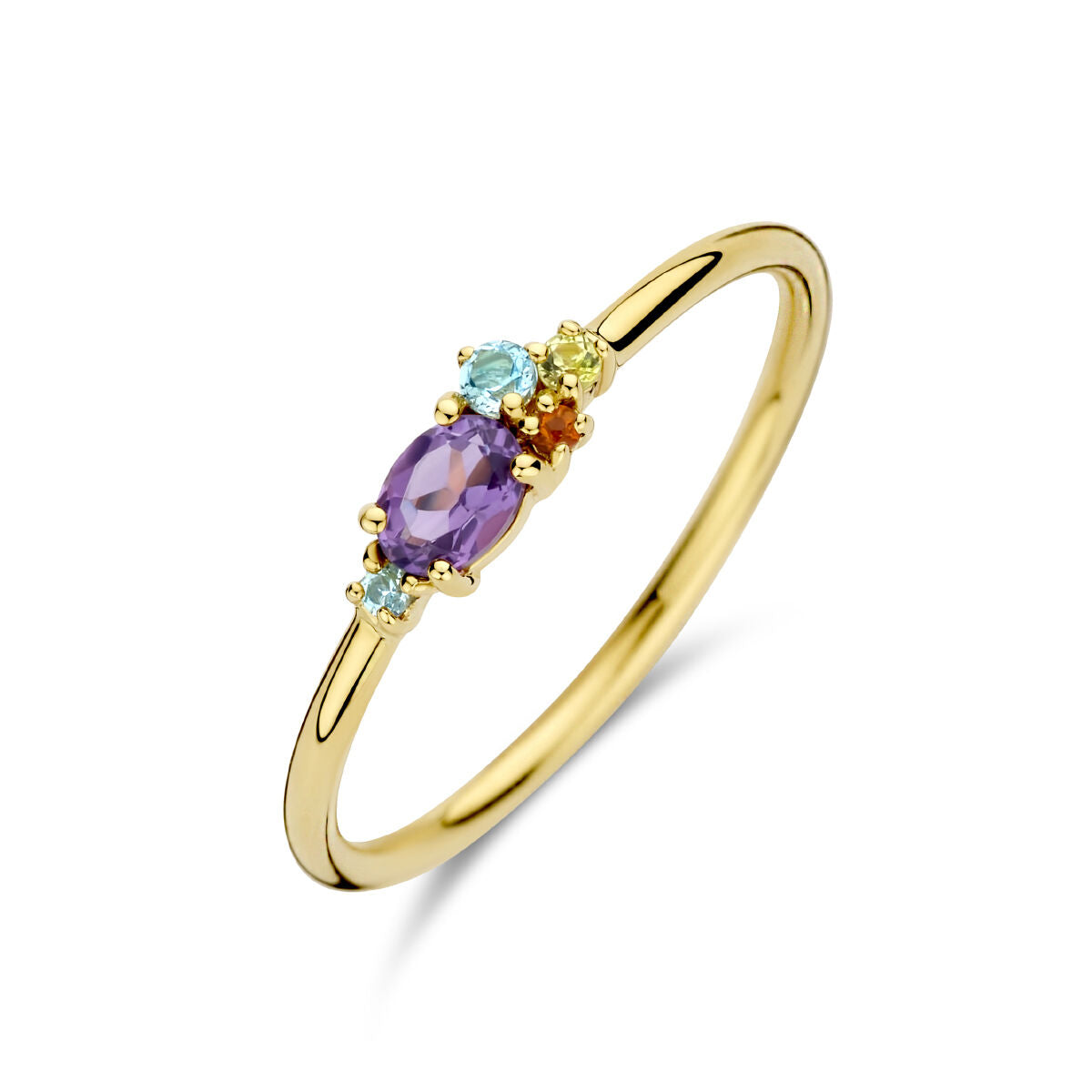 Bague en or jaune 14K ornée de pierres naturelles colorées de 0,16 ct, avec un saphir violet et des pierres de différentes teintes.