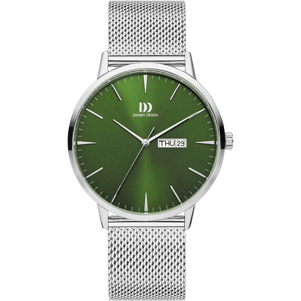 Montre avec cadran vert, boîtier en acier inoxydable, bracelet en maille métallique, affichage jour et date.