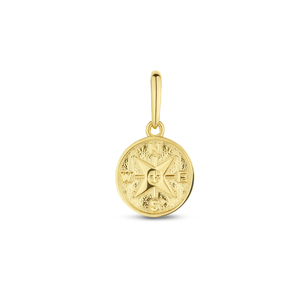 pendentif en or jaune 14K en forme de compas avec des détails gravés.