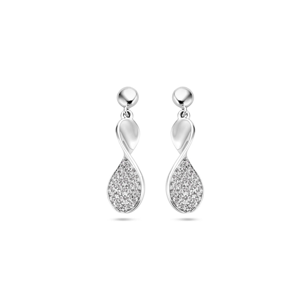 Boucles d'oreilles en argent rhodié avec des zircons, en forme de goutte et design fluide.