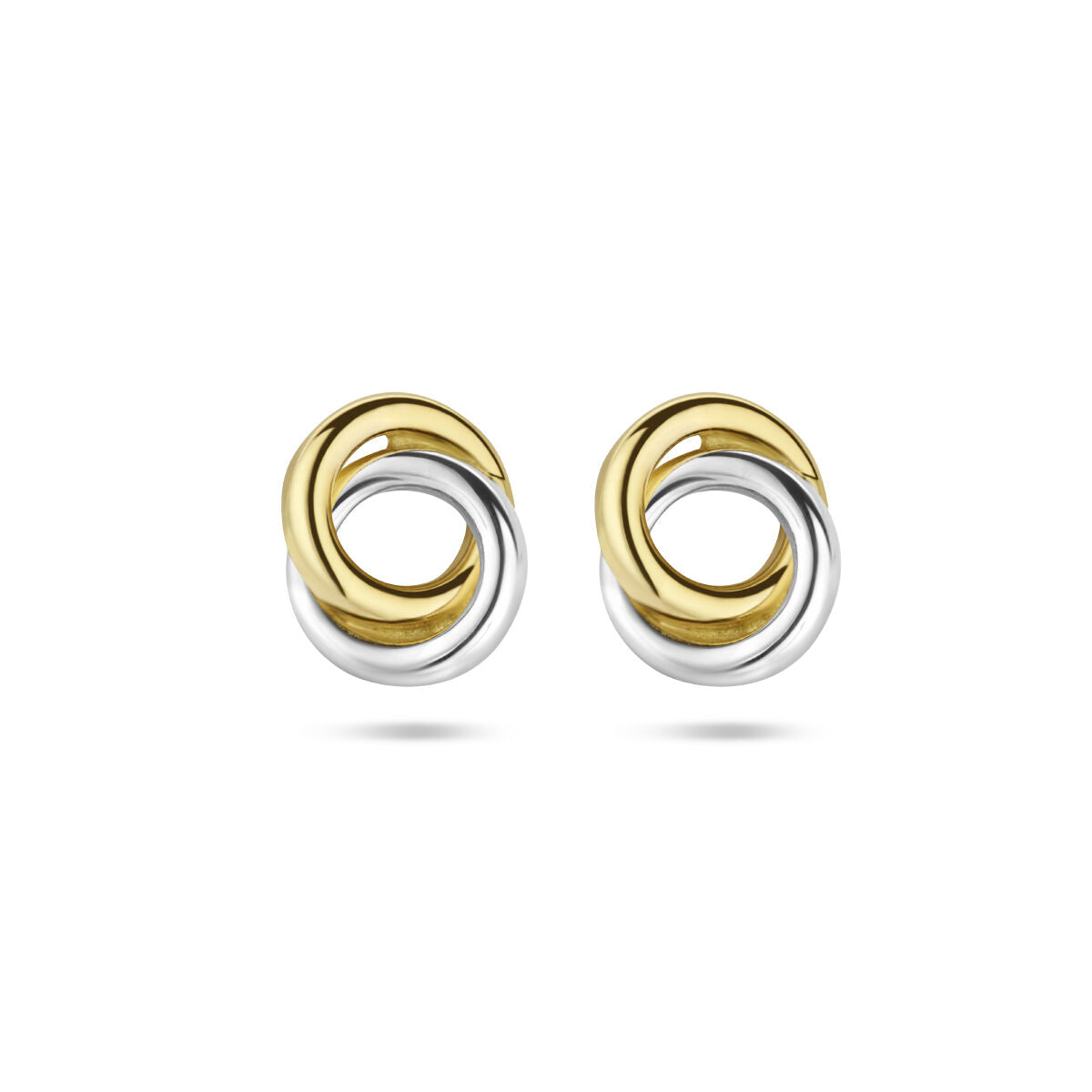 Boucles d'oreilles rondes bicolores en or jaune 14K et argent, avec un design en spirale.