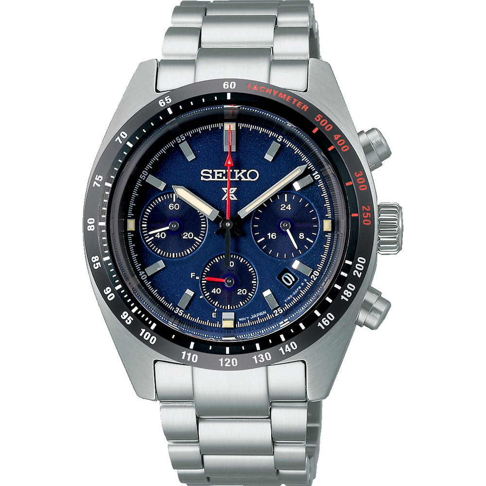 Montre Seiko Prospex pour homme avec boîtier en acier inoxydable, cadran bleu et bracelet en acier.