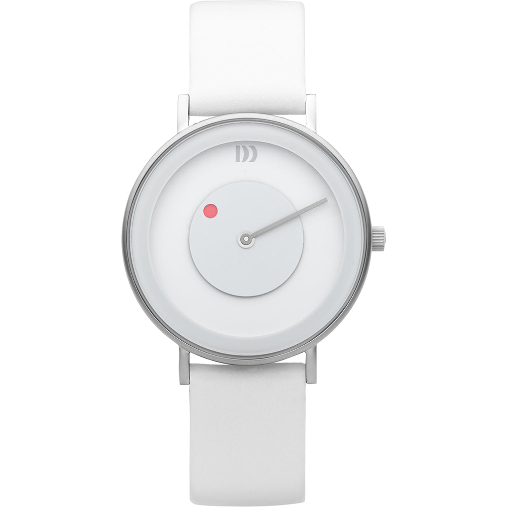 Montre minimaliste avec boîtier argenté, cadran blanc et bracelet en cuir blanc.