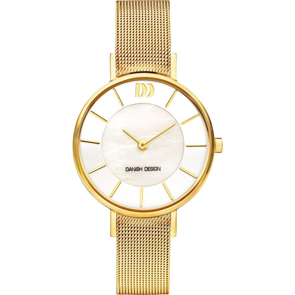 Montre dorée avec un cadran blanc nacré et un bracelet en maille.