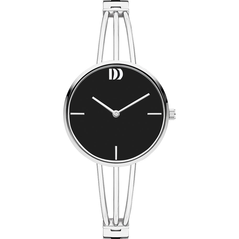 Montre argentée avec cadran noir, bracelet à maillons fins et aiguilles minimalistes.