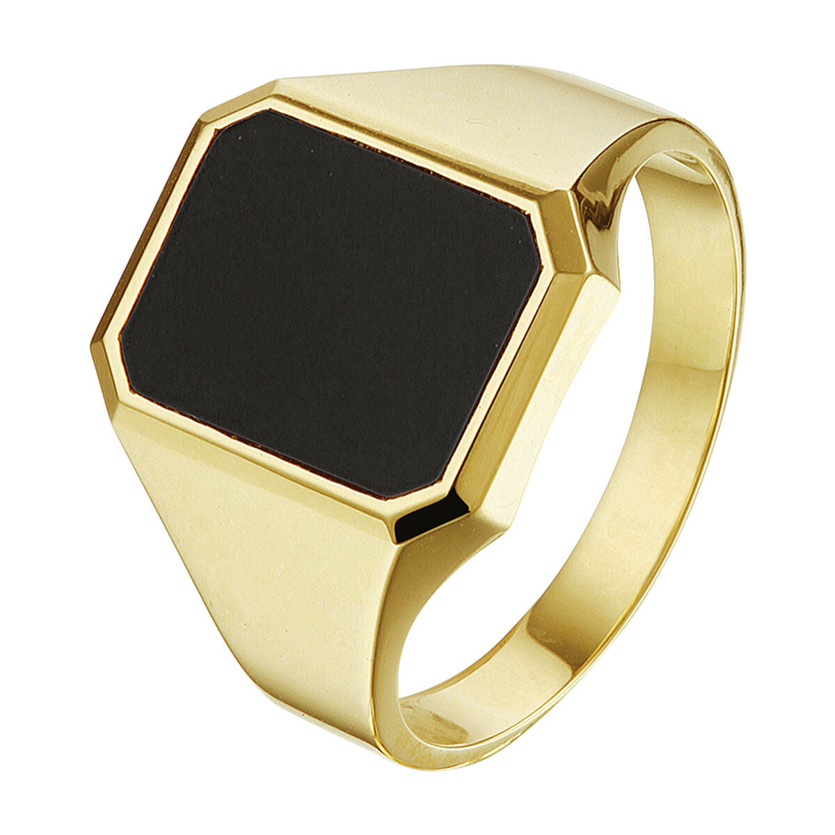 Bague en or jaune 14K avec un plateau en onyx massif de forme hexagonale.