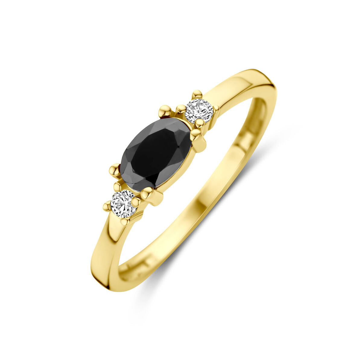 Bague en or jaune 14K avec zirconia noire et blanches, forme ovale.