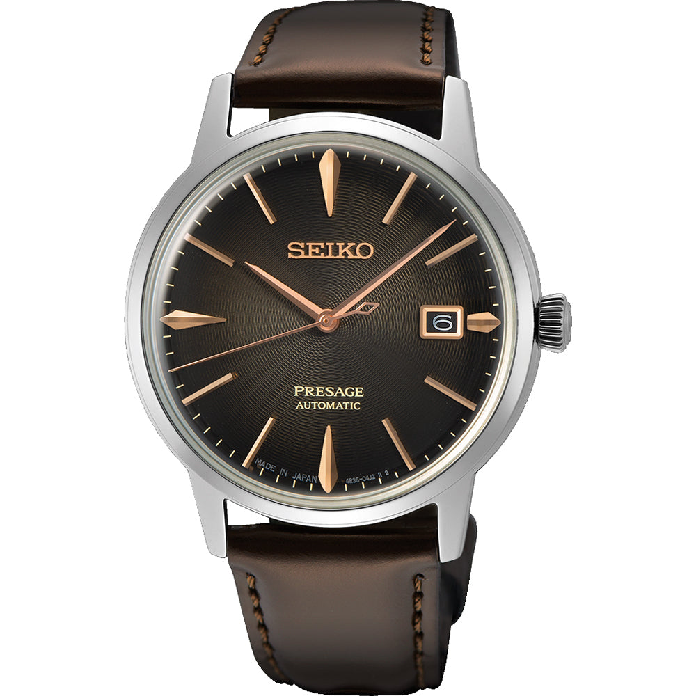 Montre Seiko Presage pour homme avec cadran brun, boîtier en acier inoxydable et bracelet en cuir marron.