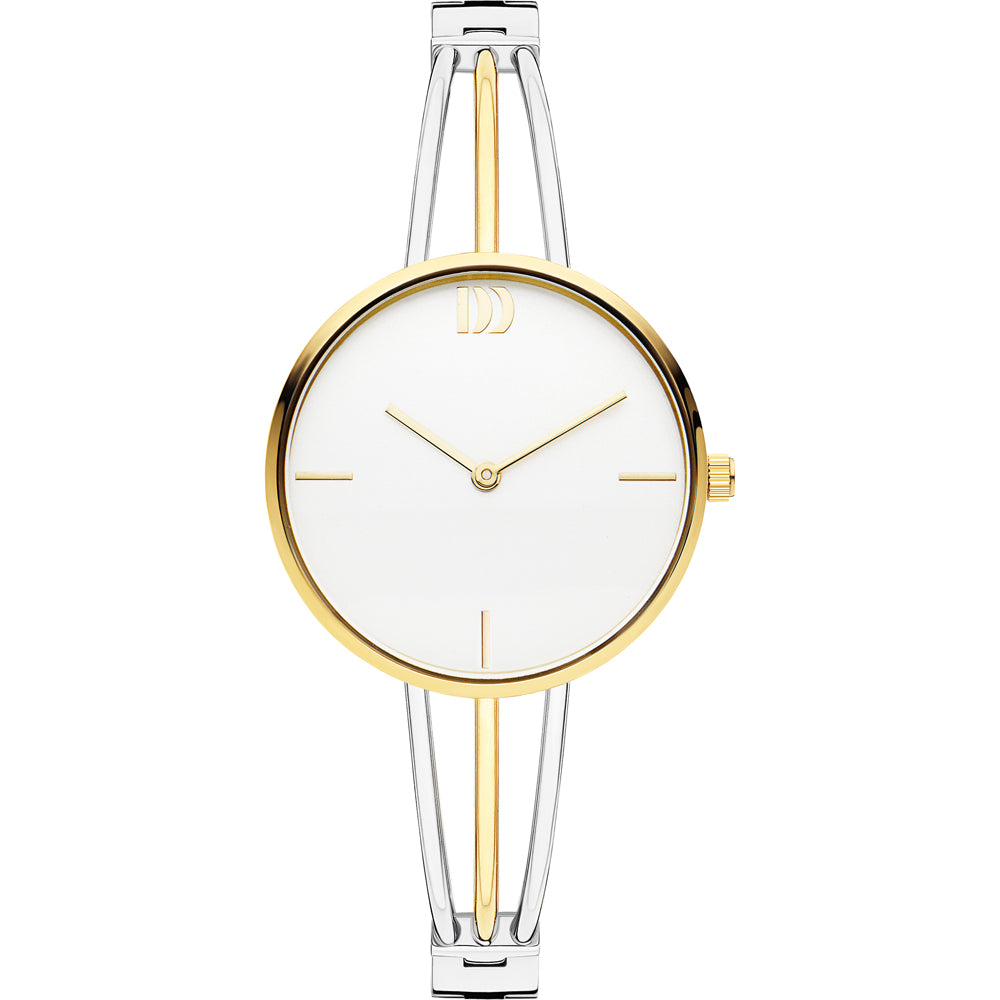 Montre argentée et dorée avec un cadran blanc, boîtier rond et bracelet fin.