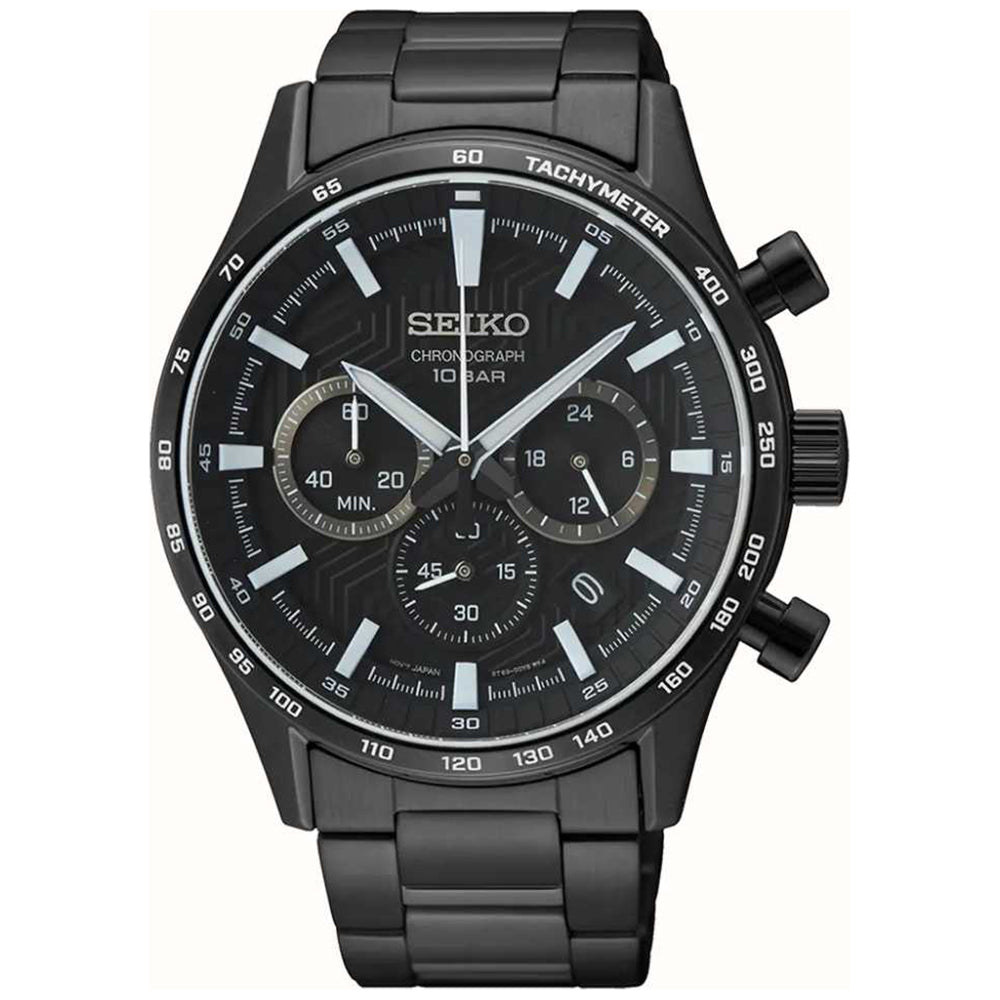 Montre pour homme Seiko SSB415P1 avec boîtier noir, bracelet en acier, cadran noir et chronographe.