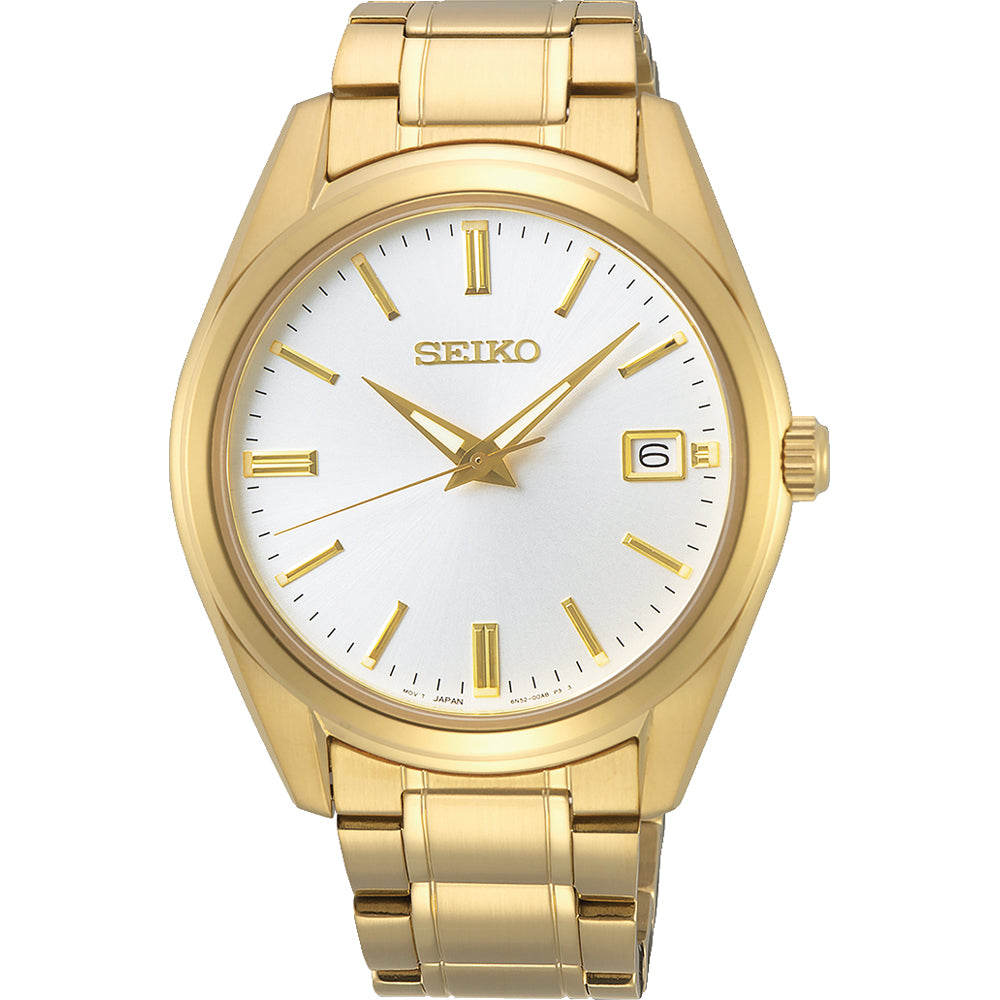 Montre pour homme Seiko avec boîtier et bracelet dorés, cadran blanc et index dorés.