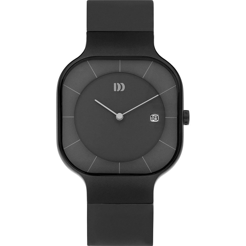 Montre noire avec un cadran minimaliste et un bracelet en silicone.