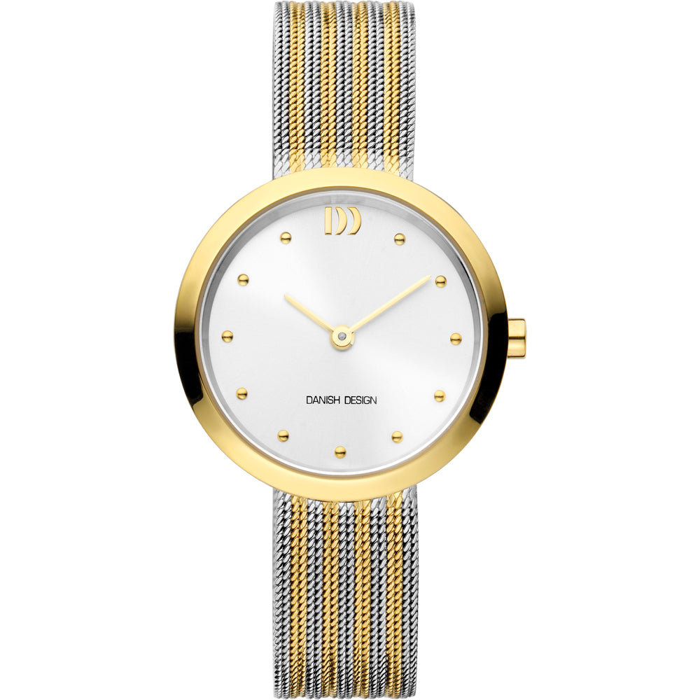 Montre avec boîtier doré, cadran argenté et bracelet en maille dorée et argentée.