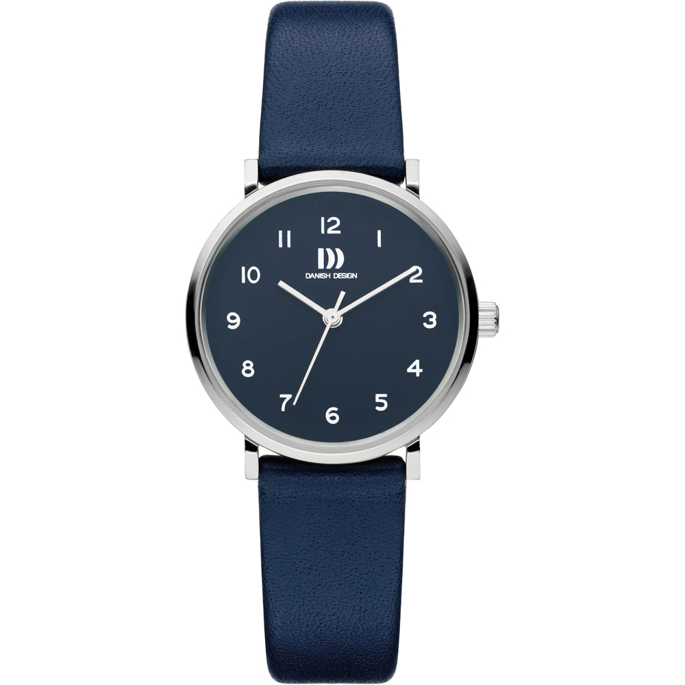 Montre avec un cadran bleu, boîtier argenté et bracelet en cuir bleu.