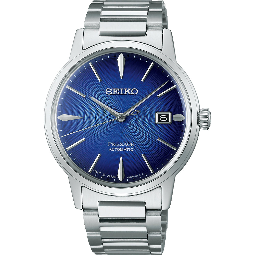 Montre Seiko Presage pour homme avec cadran bleu, boîtier en acier inoxydable et bracelet en métal.