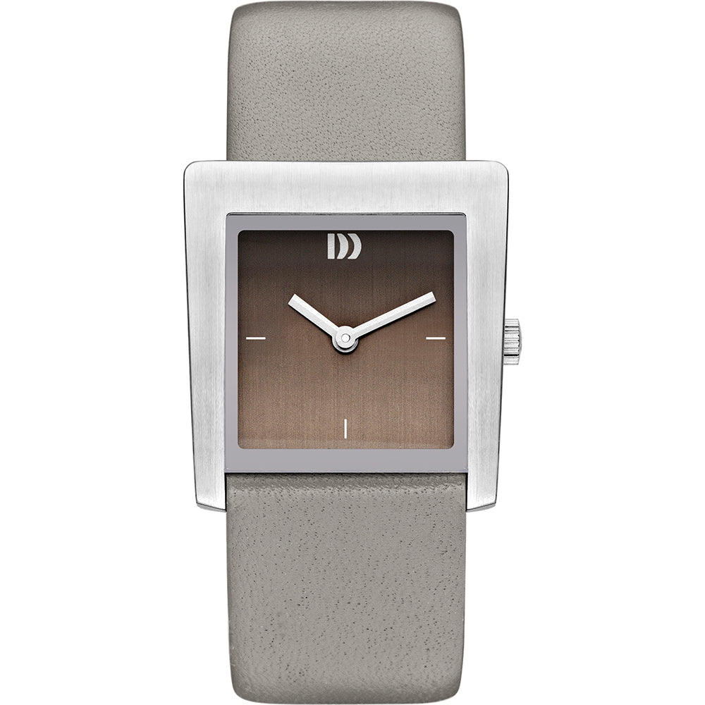 Montre carrée avec boîtier en acier inoxydable et bracelet en cuir gris, cadran brun.