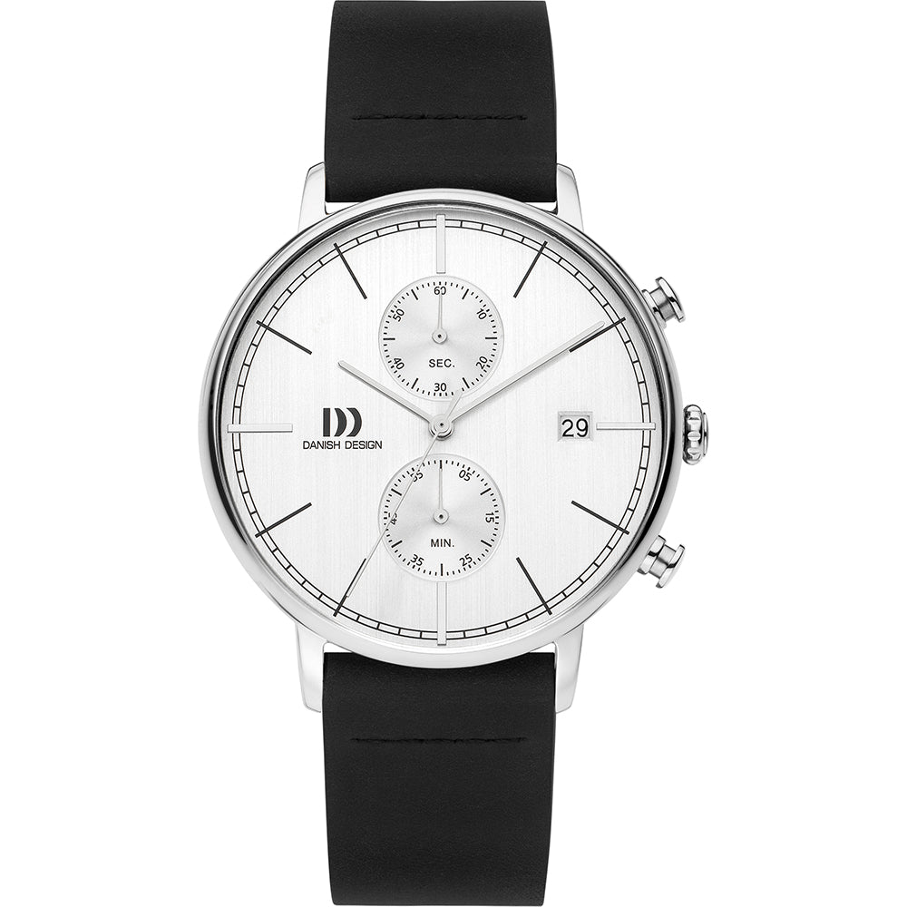 Montre argentée avec cadran blanc, bracelet en silicone noir et deux sous-cadrans.