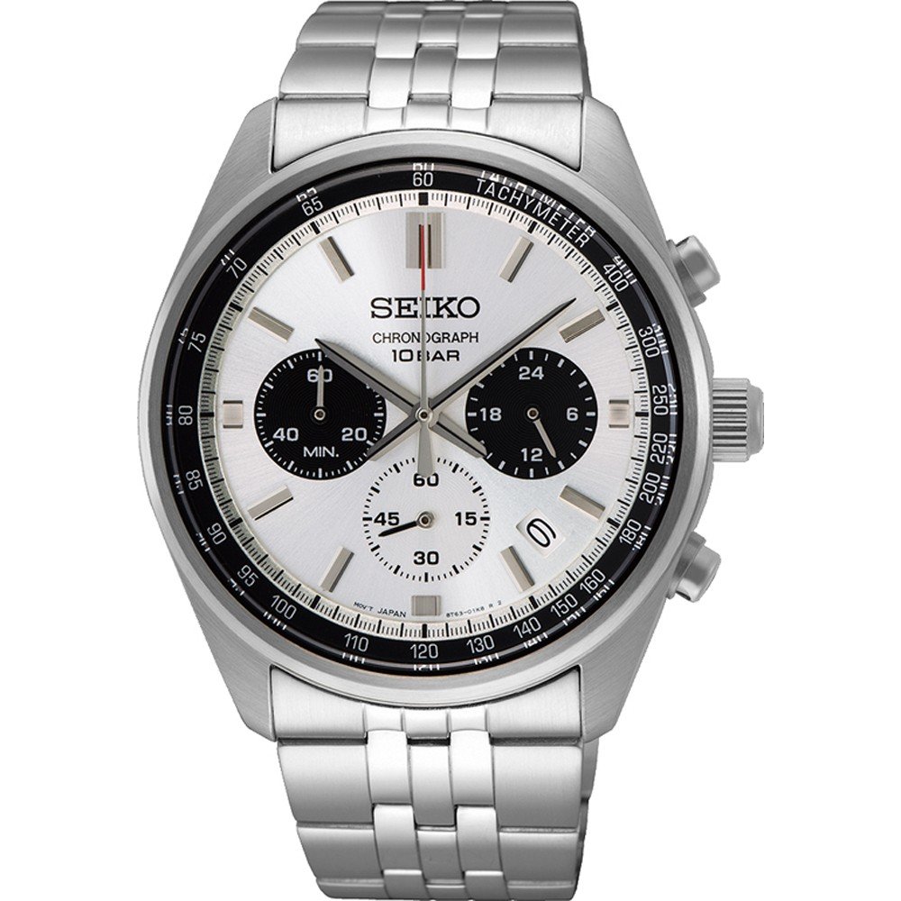 Montre pour homme Seiko avec boîtier argenté, cadran blanc et chronographe, bracelet en acier inoxydable.