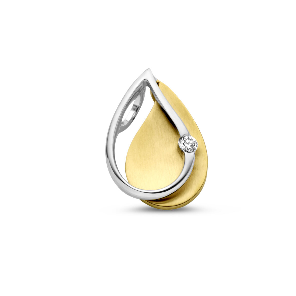 pendentif en or bicolore jaune et blanc avec un diamant de 0,03 ct. en forme de goutte.