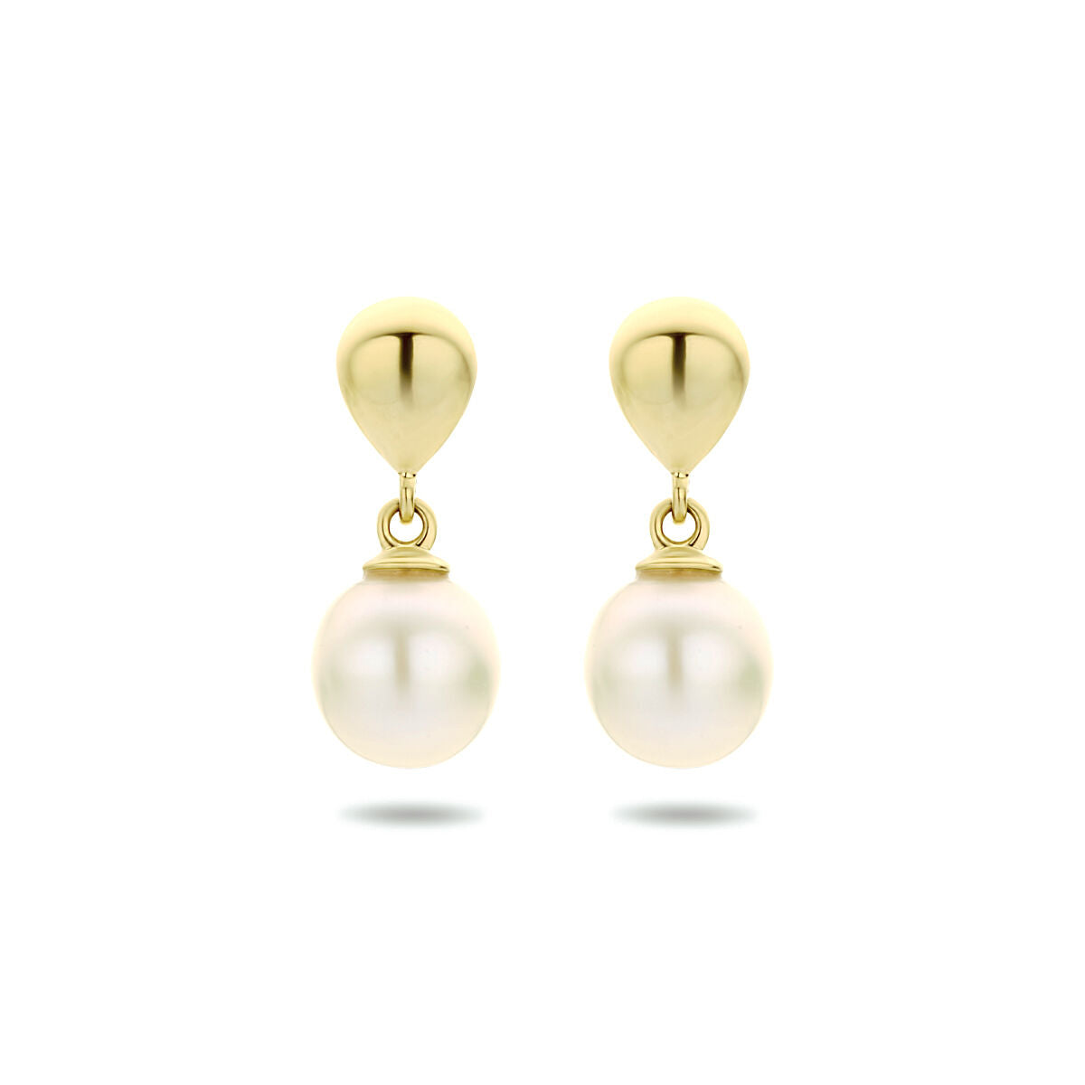 Boucles d'oreilles en or jaune 14K avec perles blanches.