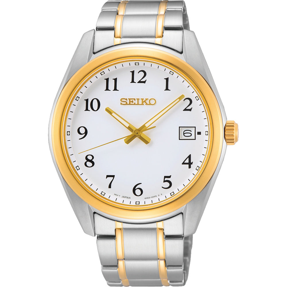 Montre pour homme Seiko avec boîtier argenté et doré, cadran blanc et bracelet en acier inoxydable.