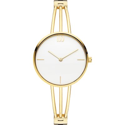 Montre dorée avec un cadran blanc minimaliste et un bracelet à maillons fins.