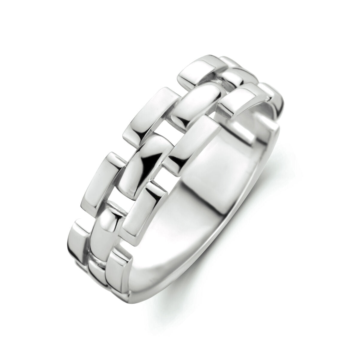 Bague en argent rhodié avec un design en maillons.