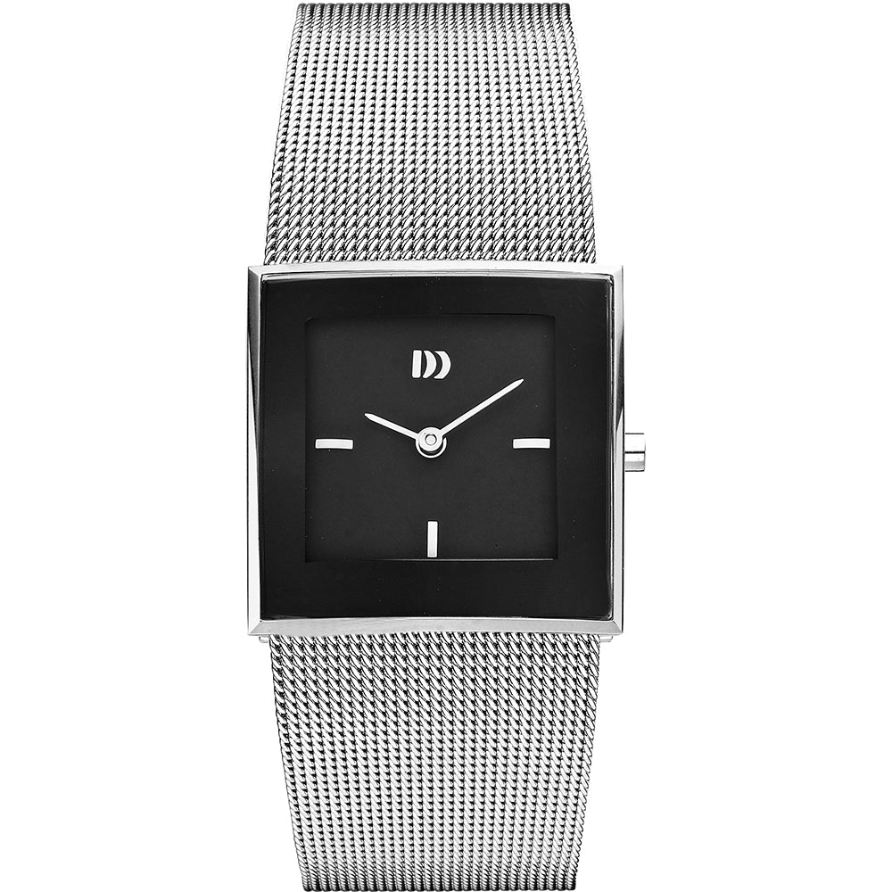 Montre carrée avec cadran noir, boîtier en acier inoxydable et bracelet en maille.