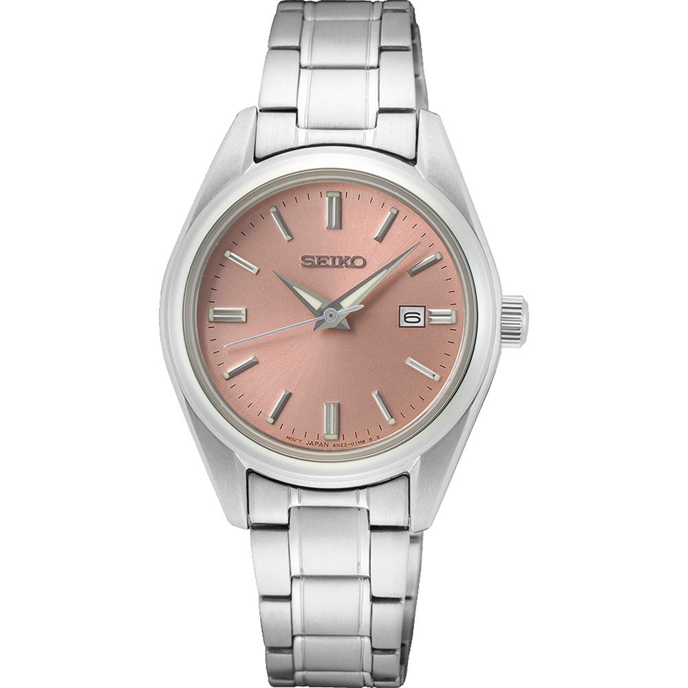 Montre pour femme Seiko avec bracelet en acier inoxydable, cadran rose et index argentés.