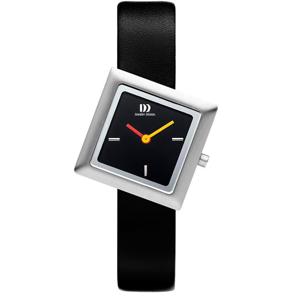 Montre femme avec cadran noir, boîtier carré en acier inoxydable et bracelet en cuir noir.