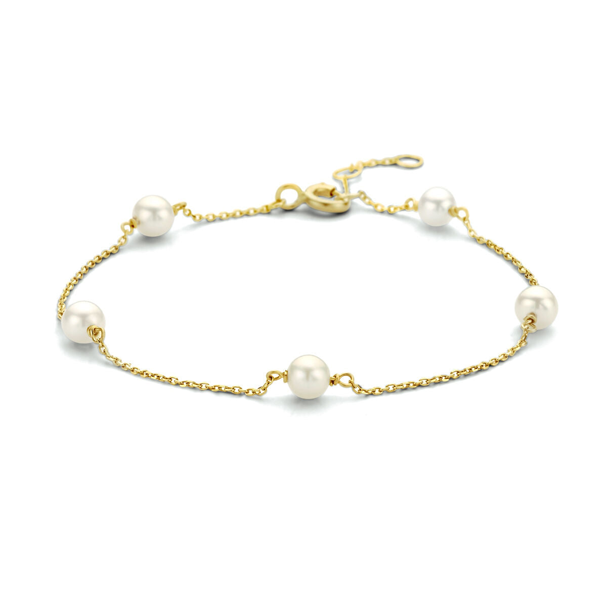 Bracelet en or 14K avec perles blanches, design délicat et finition brillante.