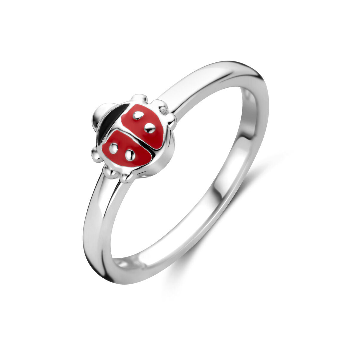 bague en argent rhodié avec un motif de coccinelle rouge et des détails en strass