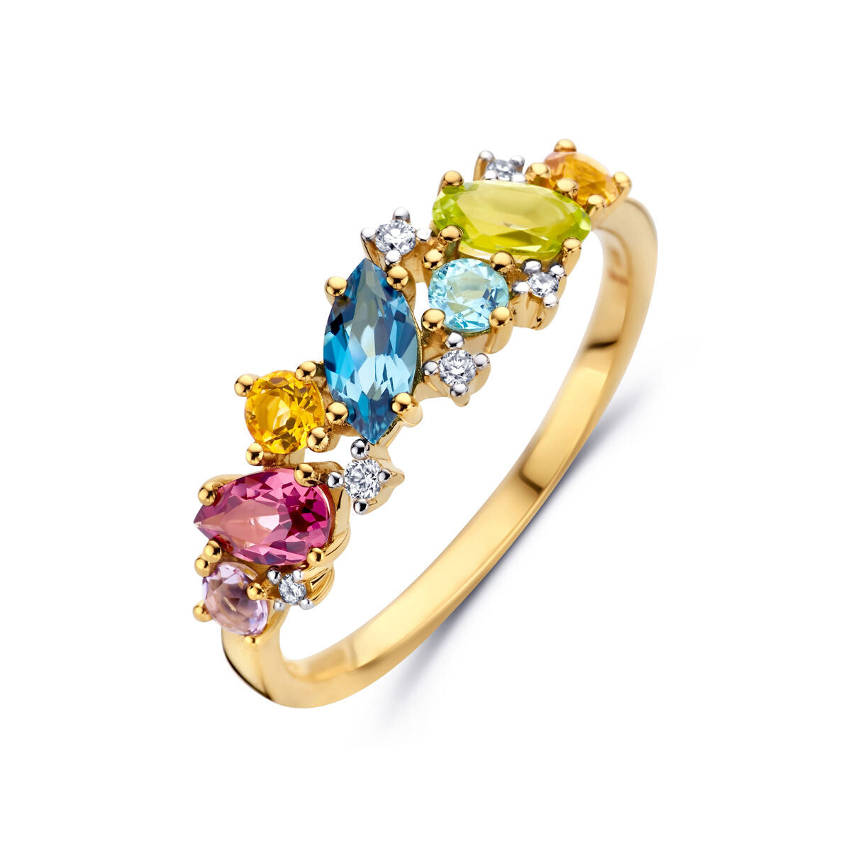 Bague en or jaune 14K ornée de pierres naturelles multicolores et de diamants de 0,04 ct.