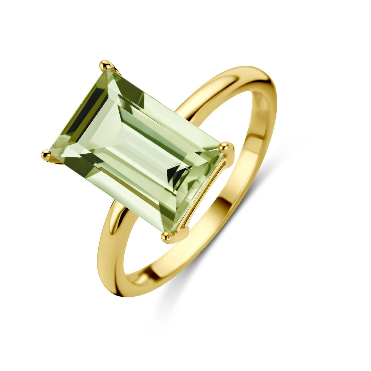 Bague en or jaune 14K avec un améthyste vert taille émeraude.
