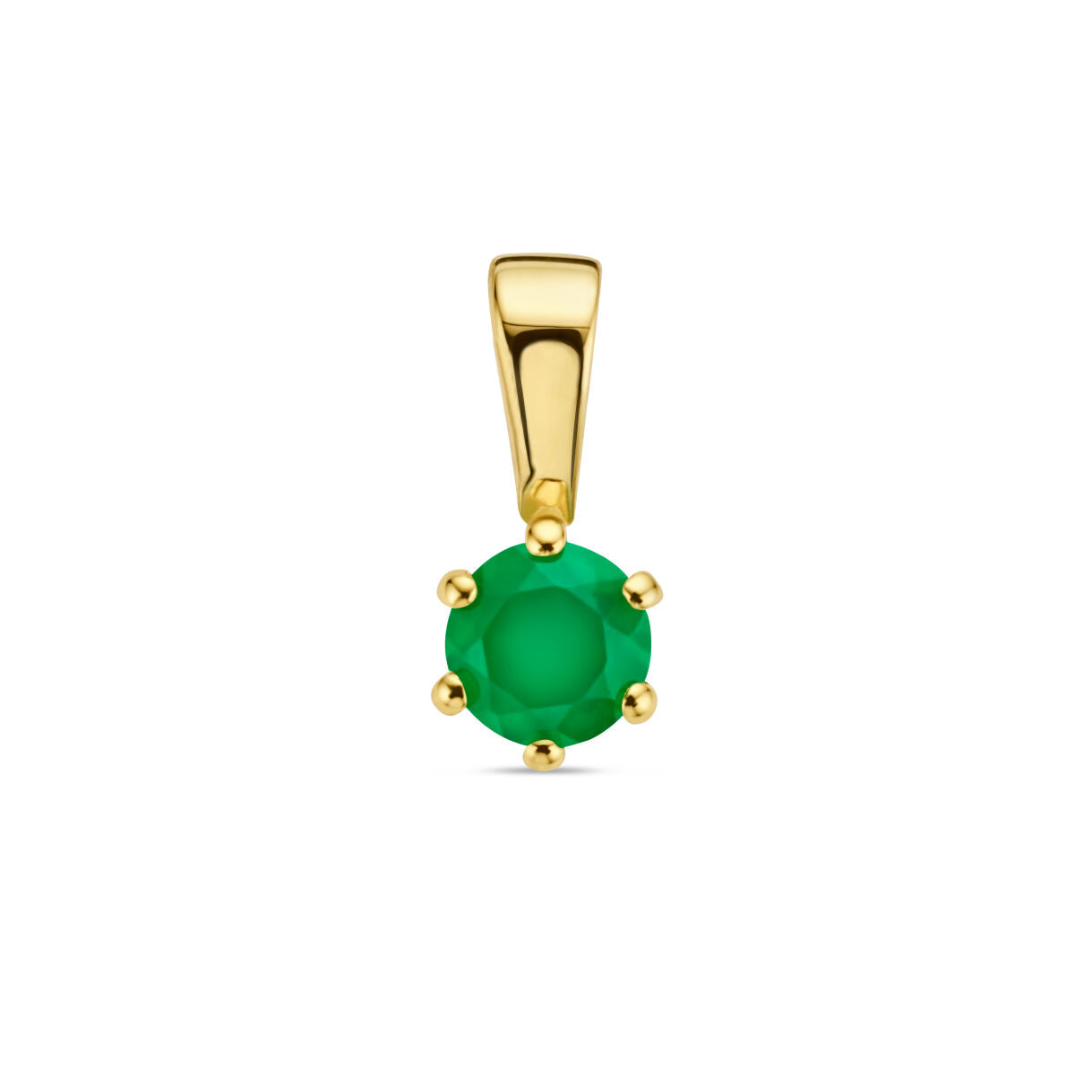 Hanger met een ronde groene agaat, gezet in 14K geelgoud met zes klauwen.
