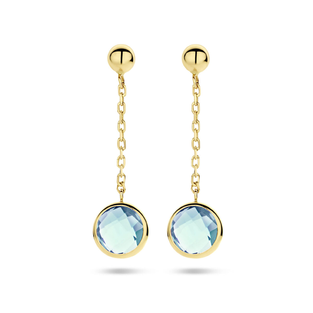 Boucles d'oreilles en or jaune 14K avec pendentifs en topaze, décorées de chaînes délicates.