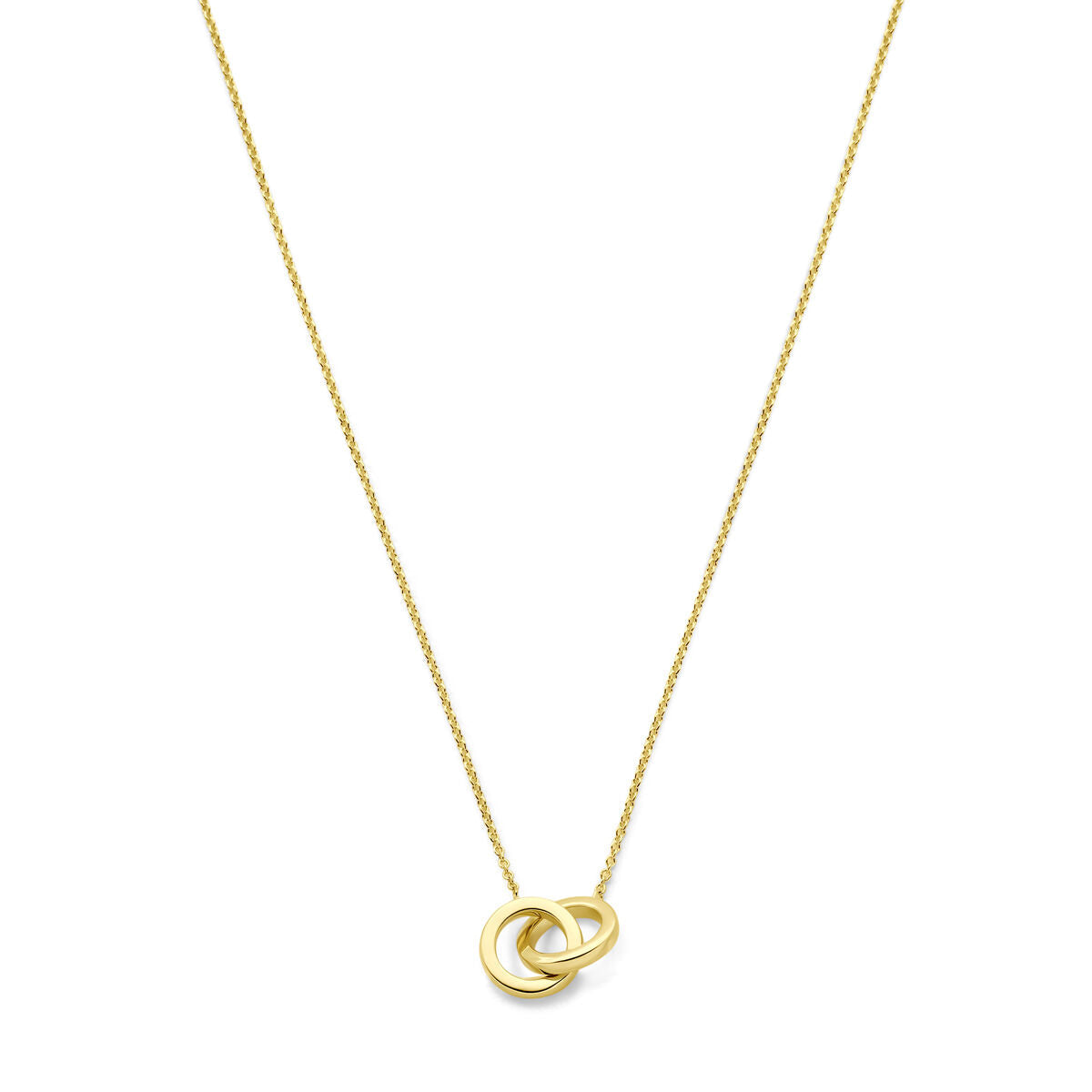 Collier en or jaune 14K avec pendentif en forme de cercles entrelacés.