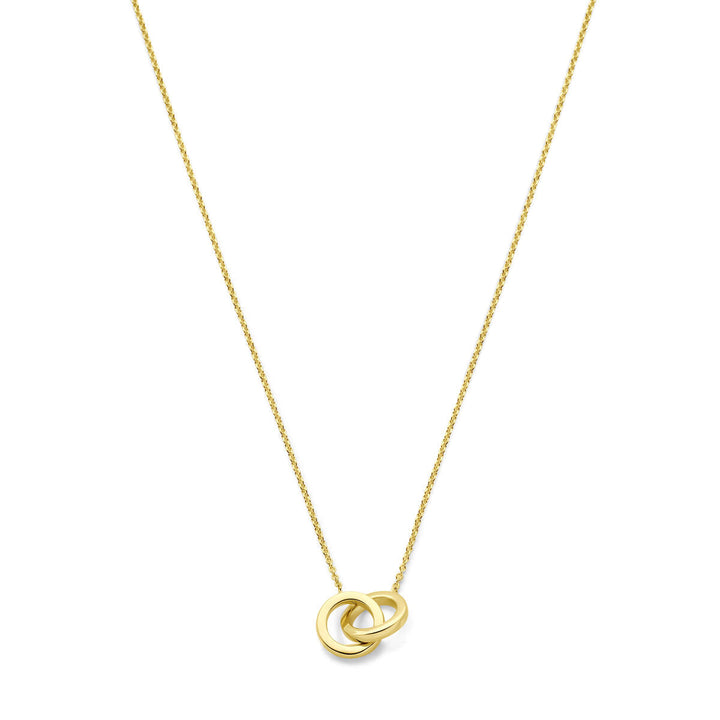 Het Van der Kooij Collectie collier rondjes 40-42-44 cm 14K geelgoud is een delicaat, trendy damesketting met een fijne ketting en twee in elkaar grijpende gouden cirkels, afgebeeld tegen een effen witte achtergrond.