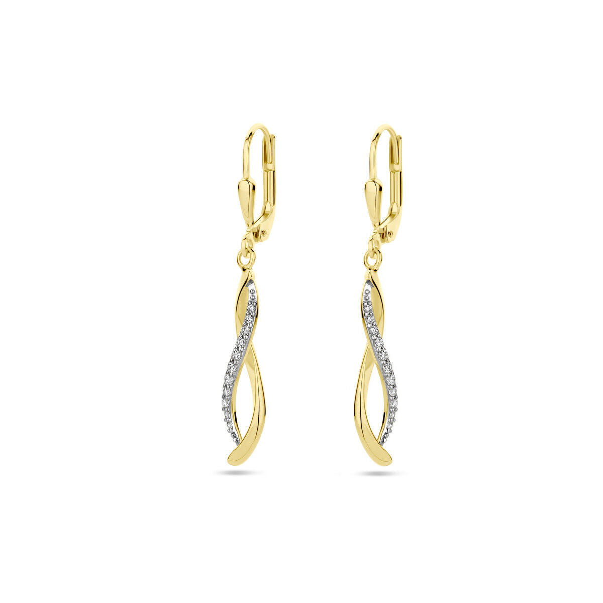 Boucles d'oreilles en or jaune 14K avec zirkonia, en forme ondulée.